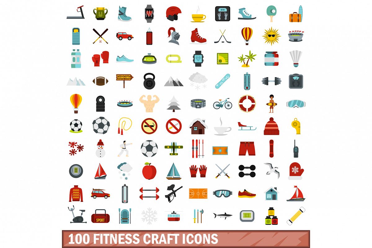 100 fitness craft icons set, flat style example image 1