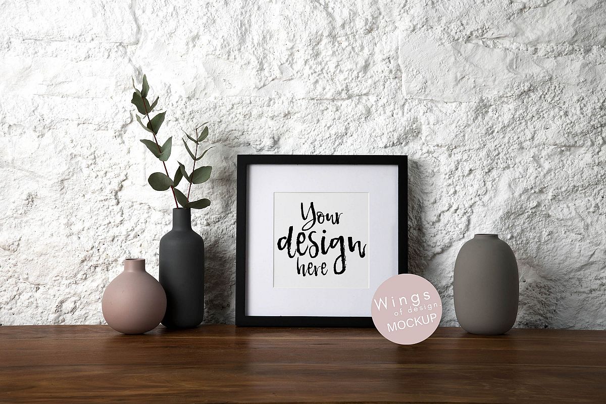 Square Picture Frame Mockup Black - Rustic White stone Wall example image 1