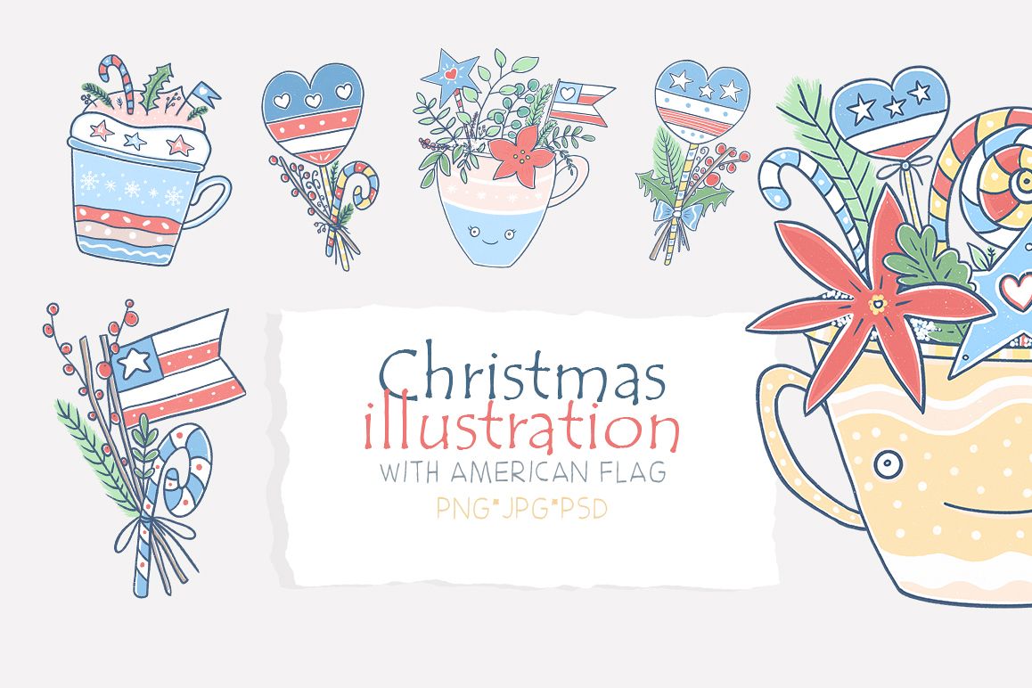 Christmas illustration with American flag. example image 1