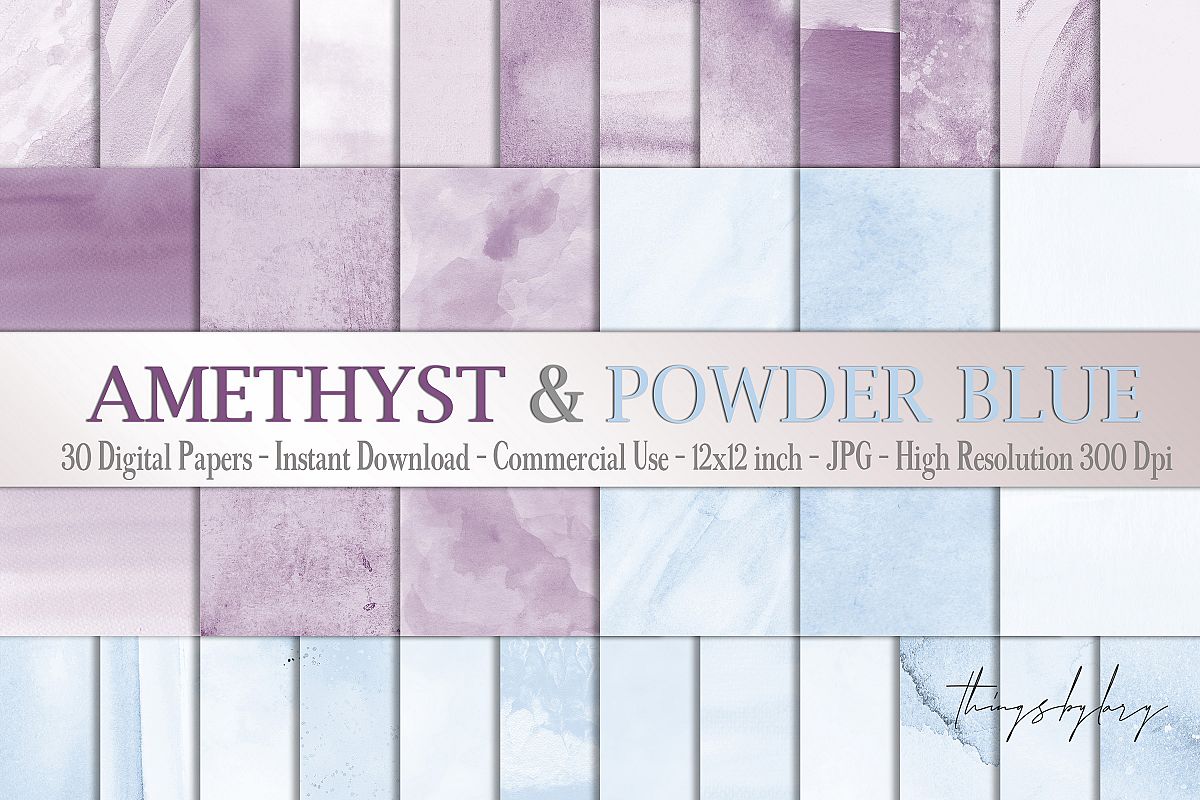 30 Ombre Amethyst & Powder Blue Watercolor Digital Papers example image 1