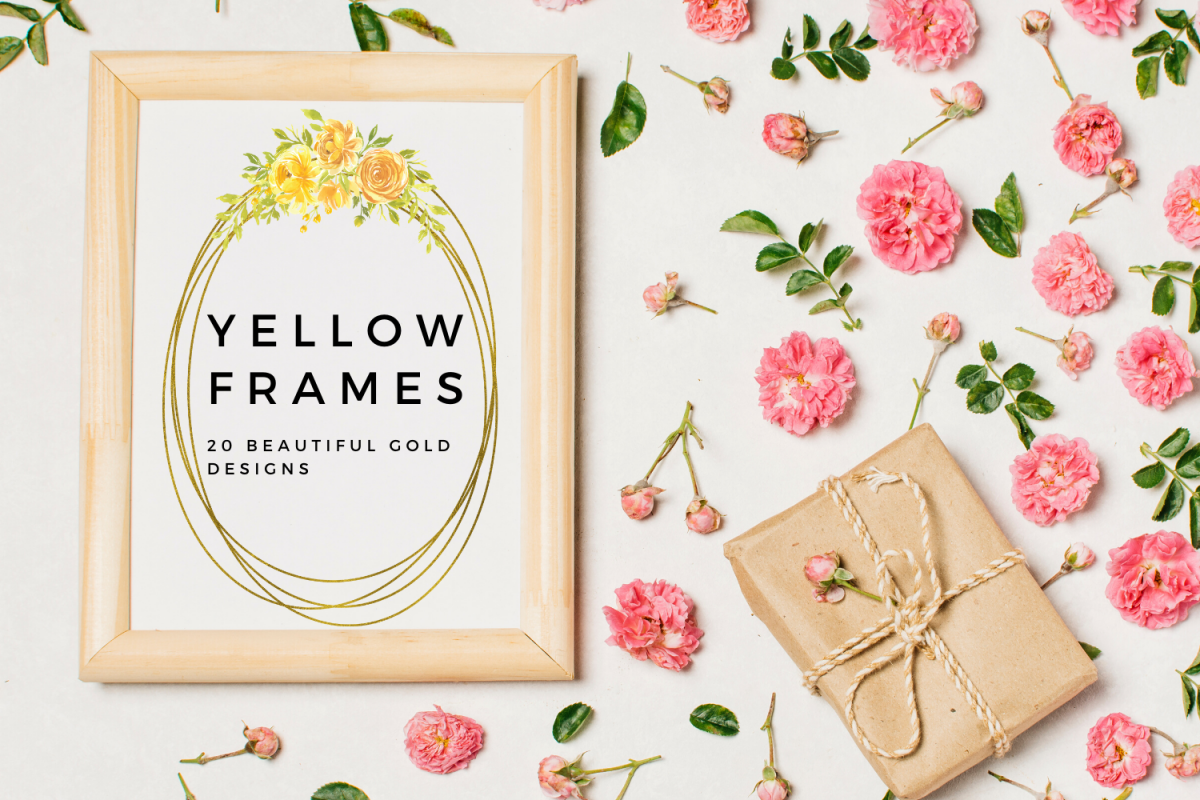 Yellow Watercolor Flowers Frames,Yello Geometric Gold Frames example image 1