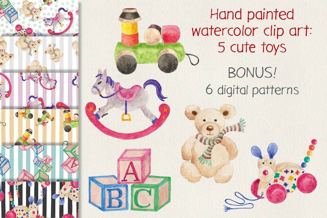 Watercolor clip art: cute toys example image 1