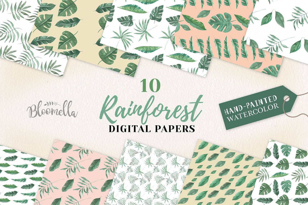 Rainforest Seamless Patterns Digital Papers Tropical Leaves example image 1