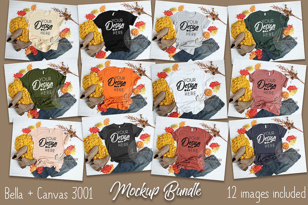 Fall Bella Canvas Mockup Bundle T Shirt Flat Lay 12 Images (132849) | Mock Ups | Design Bundles