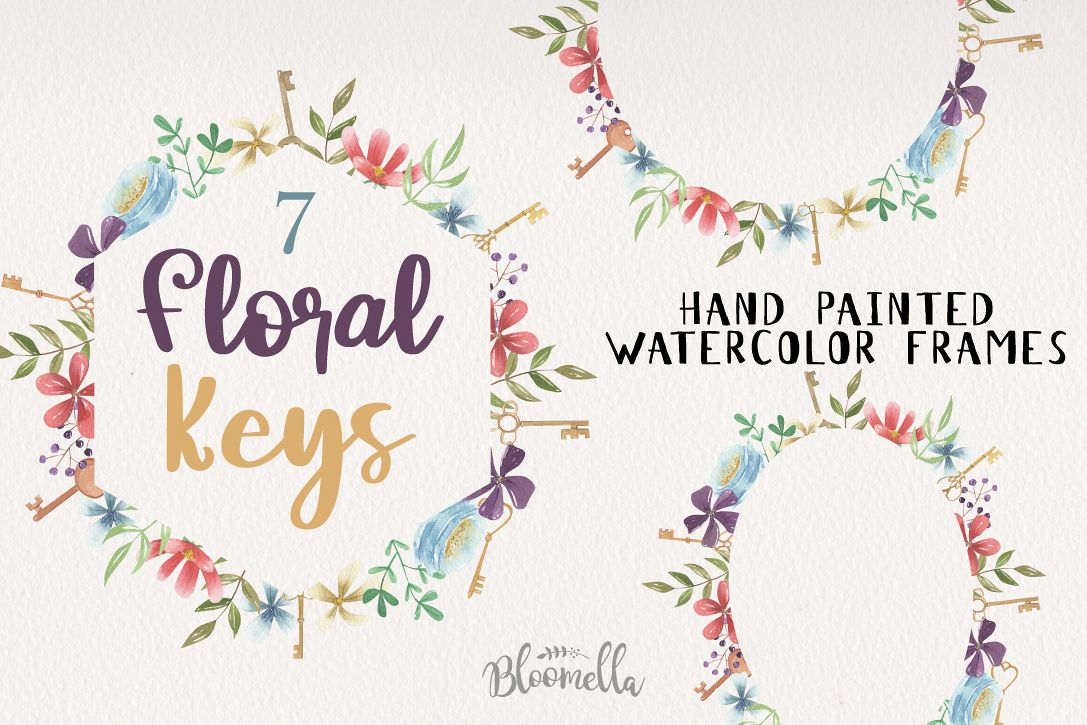 Floral Keys 7 Frames Flowers Watercolor Vintage Berries Key example image 1