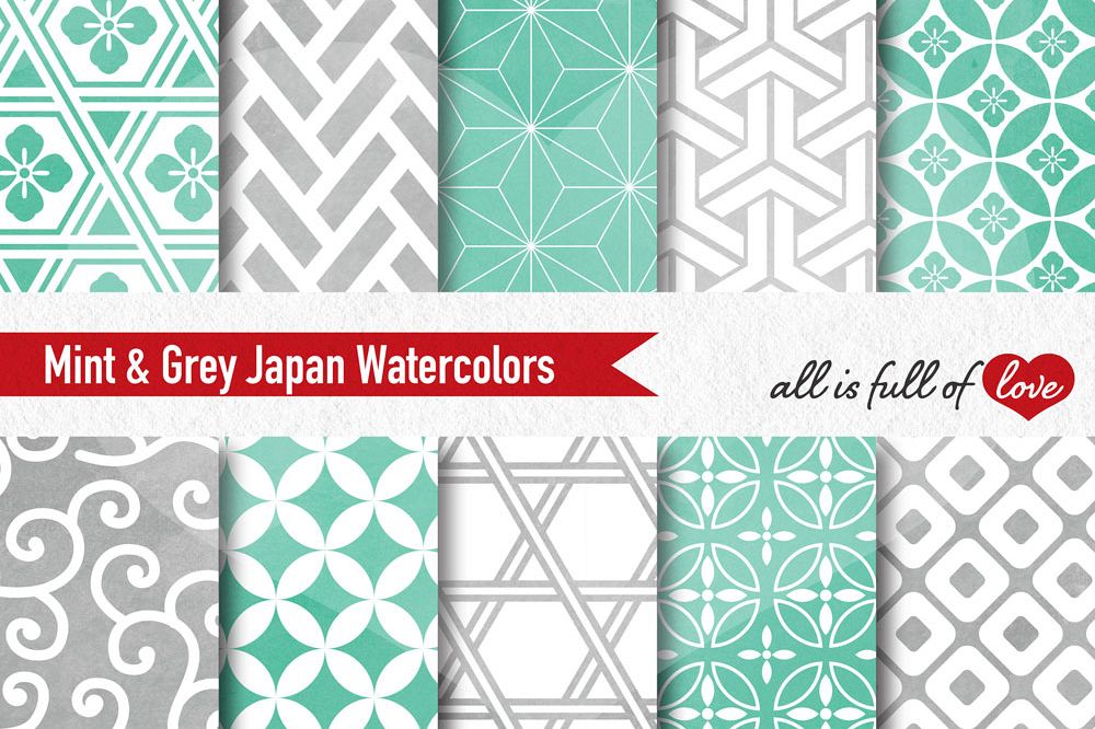 Grey And Mint Digital Paper Japanese Watercolor Background