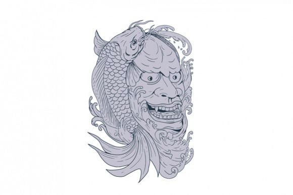 Hannya Mask and Koi Fish Drawing example image 1