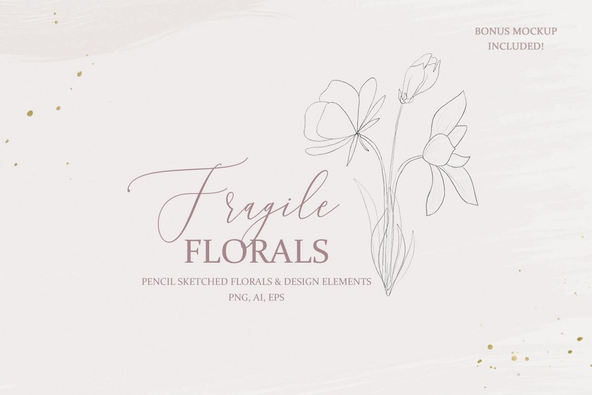 Fine Art Pencil Sketch Florals, Gold Brush Strokes, Textures example image 1