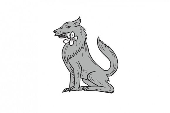 Timber Wolf Sitting Plumeria Flower Drawing example image 1