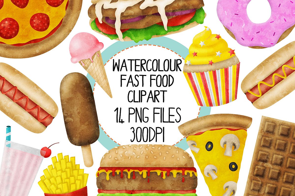 Watercolor Fast Food Clip Art Set example image 1