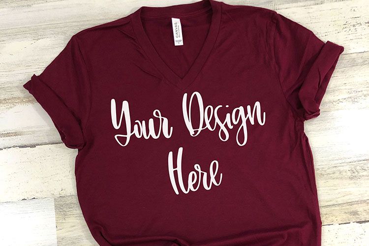 Bella 3005 Maroon V-Neck Shirt Mockup Photo - Flatlay Photo example image 1
