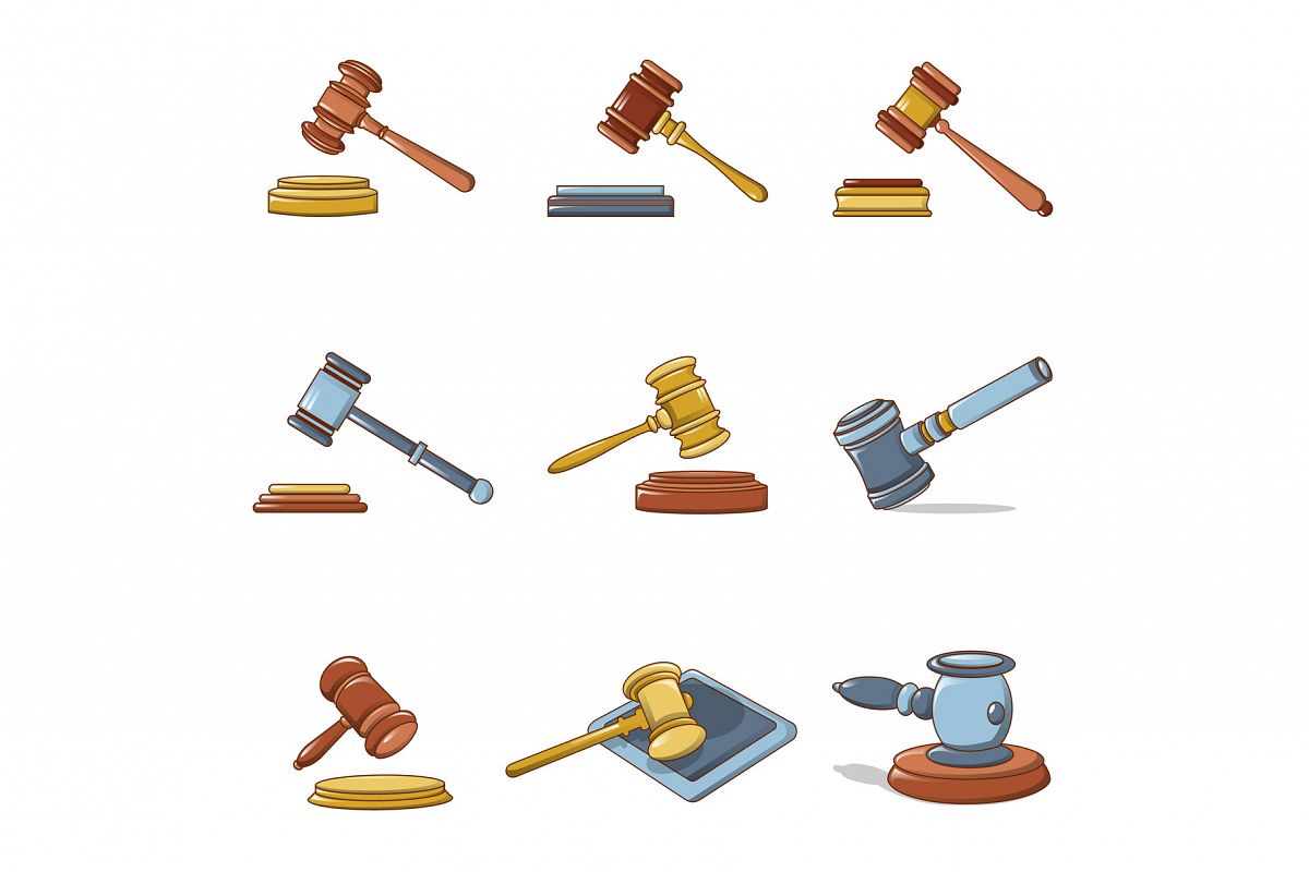 Judge hammer icons set, cartoon style