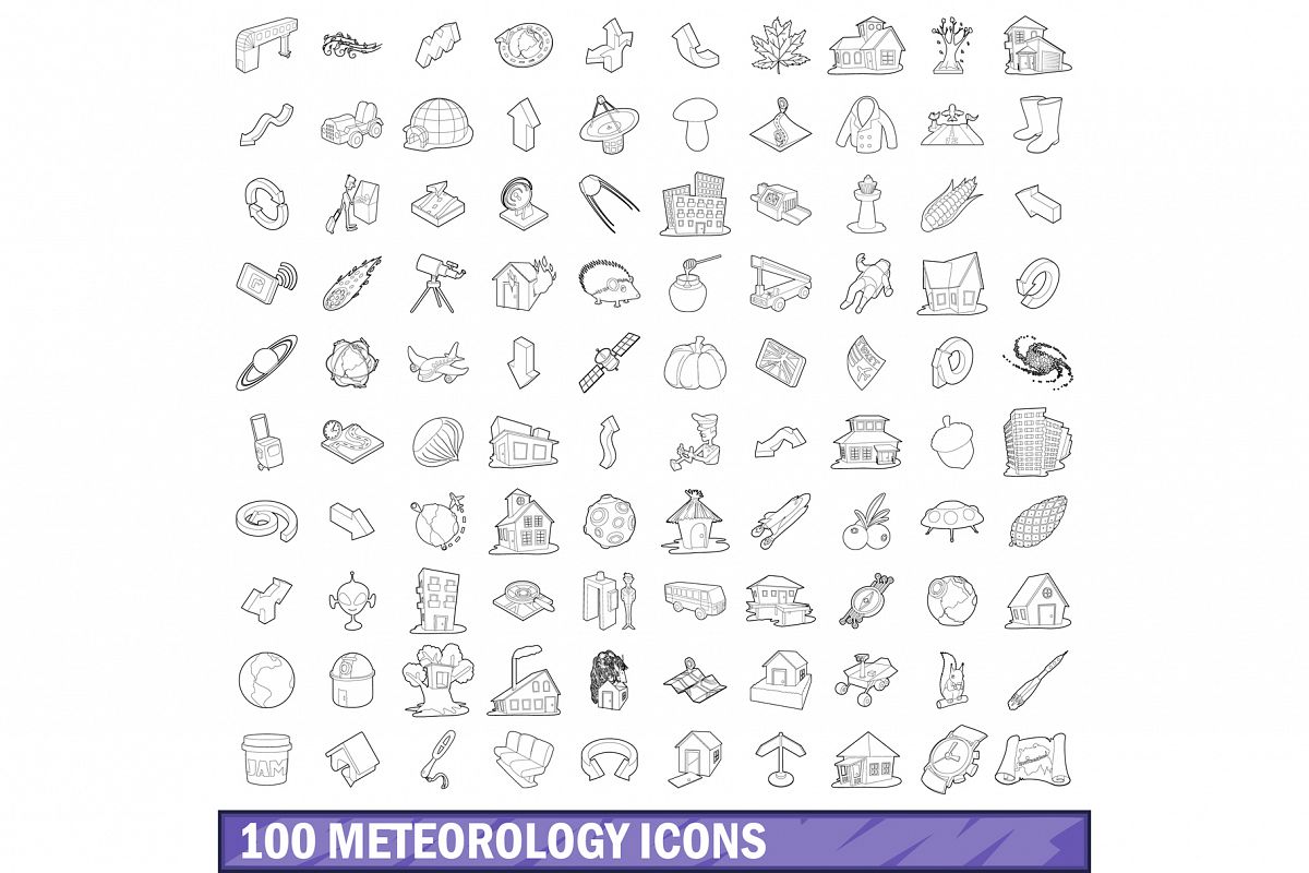100 meteorology icons set, outline style example image 1