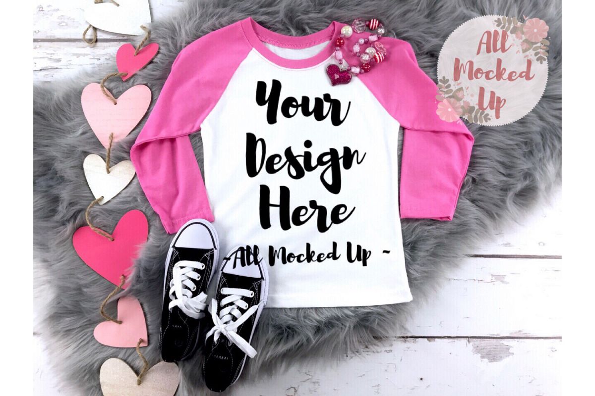 Next Level 3352 Youth Raglan Mock Up - HOT Pink Sleeves example image 1