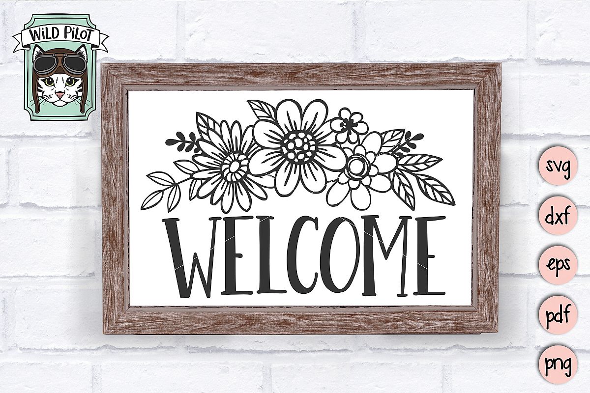 Welcome Sign SVG file, Floral Welcome, Flower Welcome sign example image 1