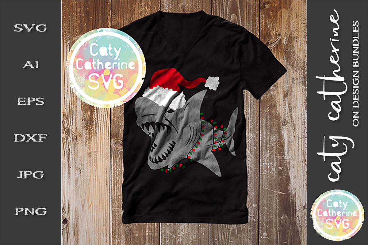 Shark Wearing Santa Hat & Fairy Lights SVG Cut File example image 1