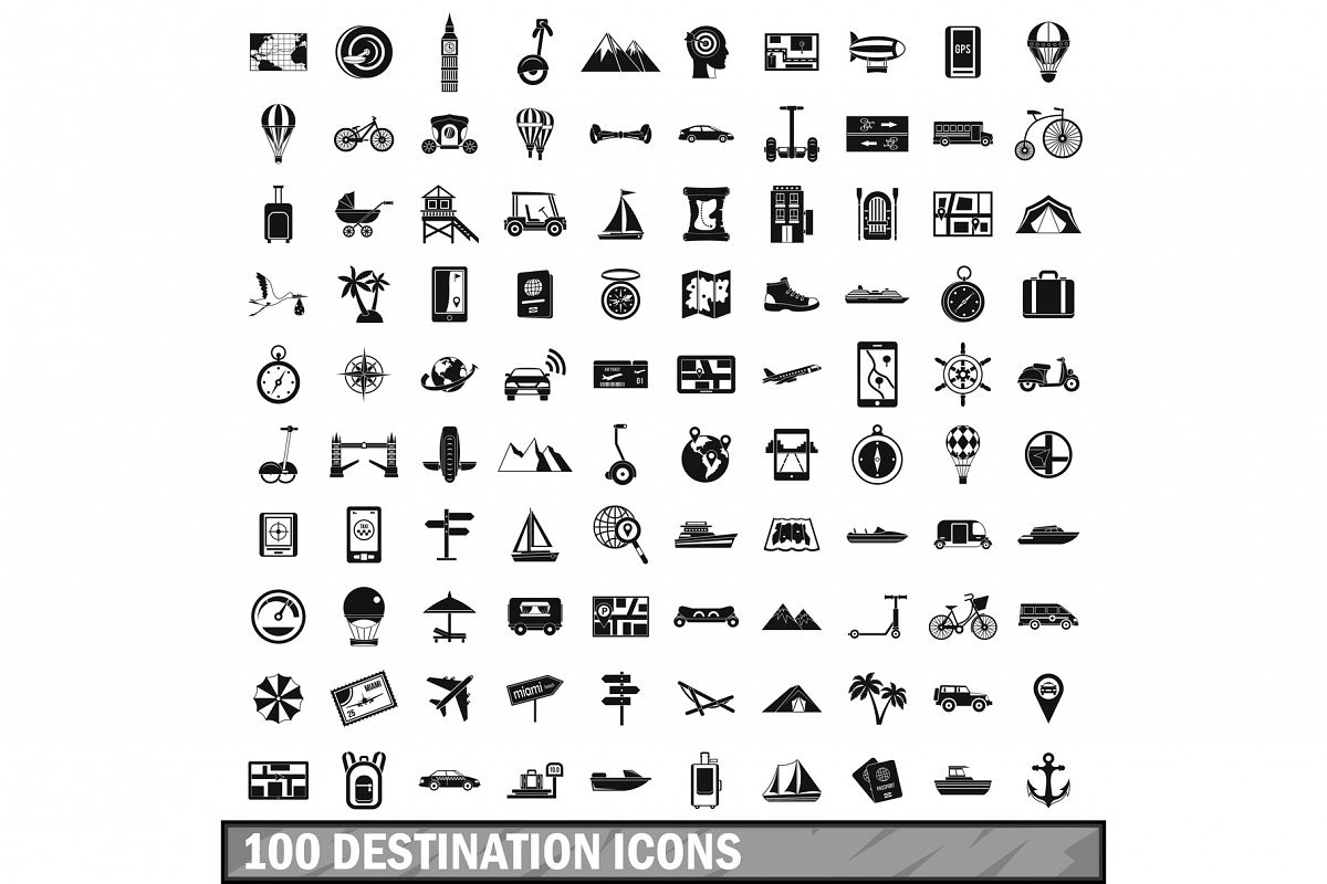 100 destination icons set, simple style example image 1