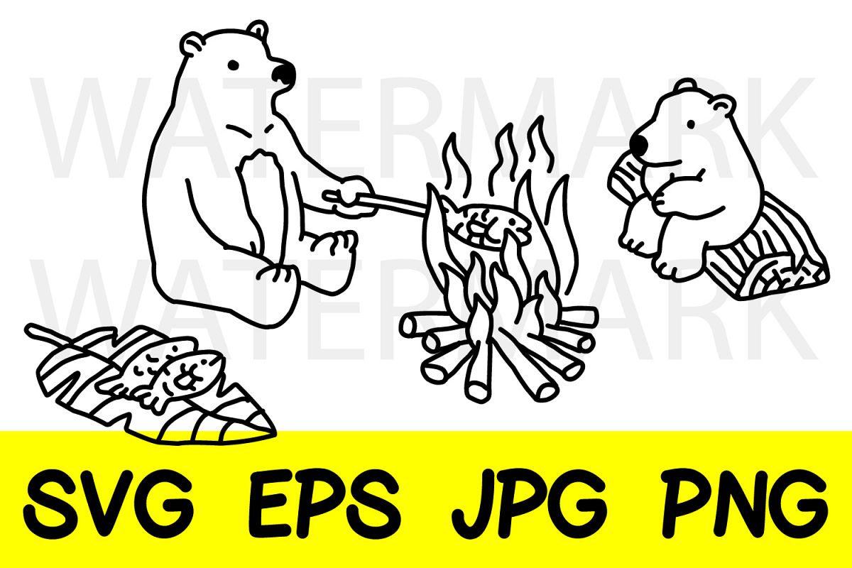 Bear with bear cub Grilling Fish -SVG-EPS-JPG-PNG example image 1