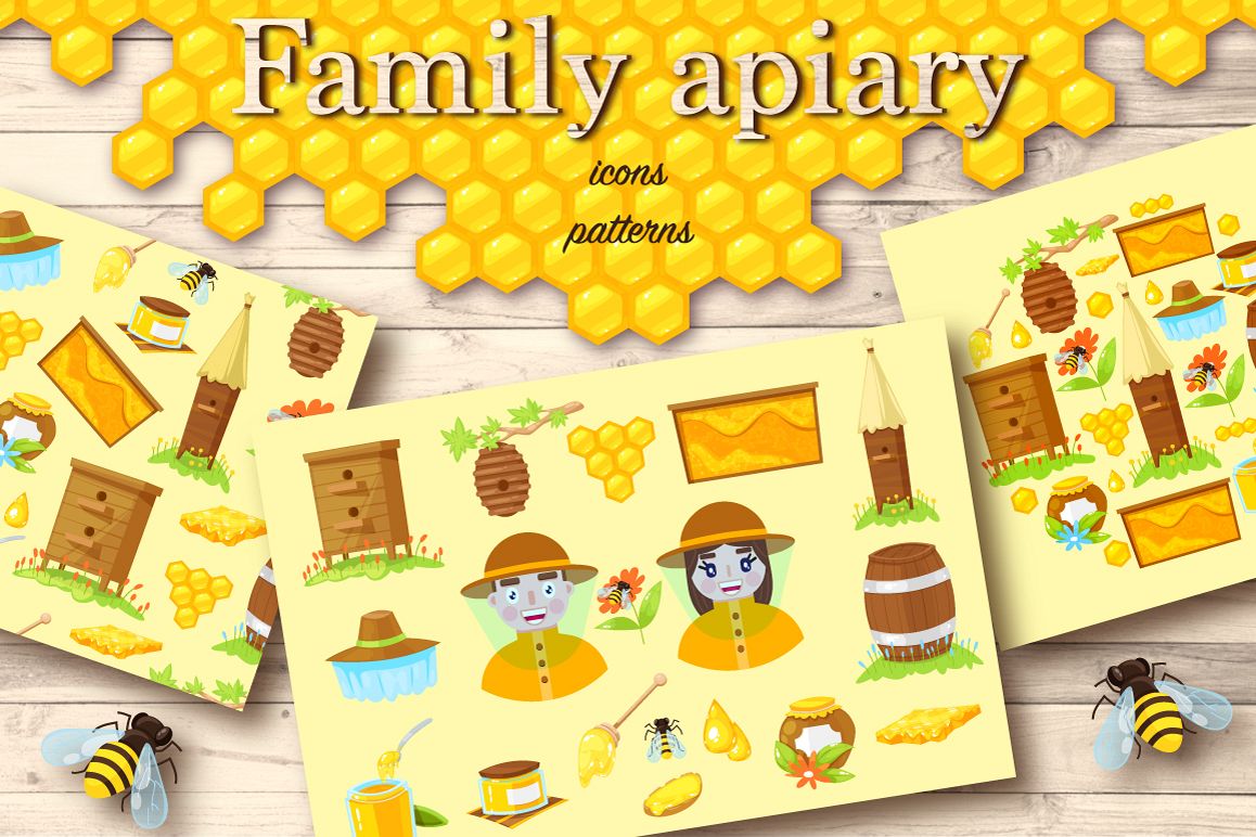Apiary.Cartoon icons,pattern,cards. example image 1