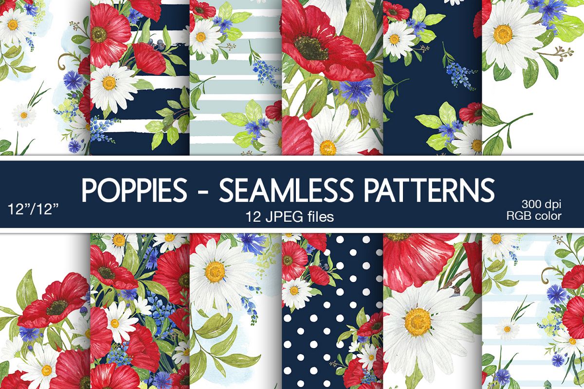 Poppies Digital Papers Floral Seamless Patterns example image 1