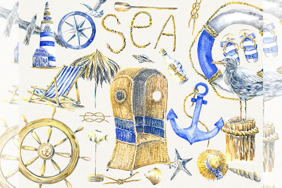 Vacation clipart, summer clipart, watercolor sea clipart example image 1