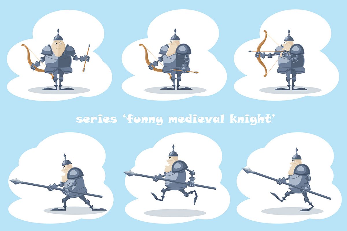 Set of 10 figure funny medieval knight or soldier. Vector illustration example image 1
