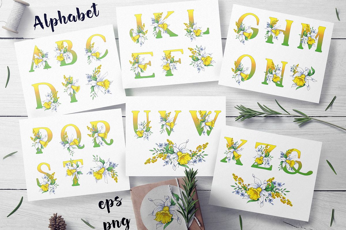Daffodils – spring alphabet and wreath example image 1