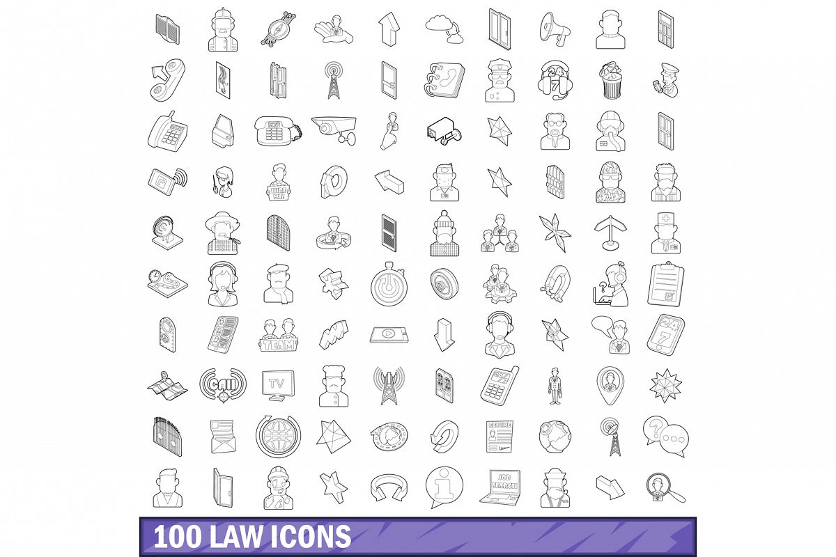 100 law icons set, outline style example image 1
