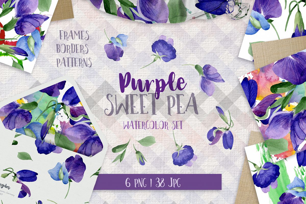 Purple sweet pea PNG watercolor flower set example image 1