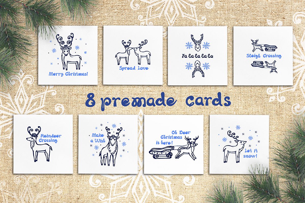 8 hand drawn greeting cards with Christmas deer example image 1