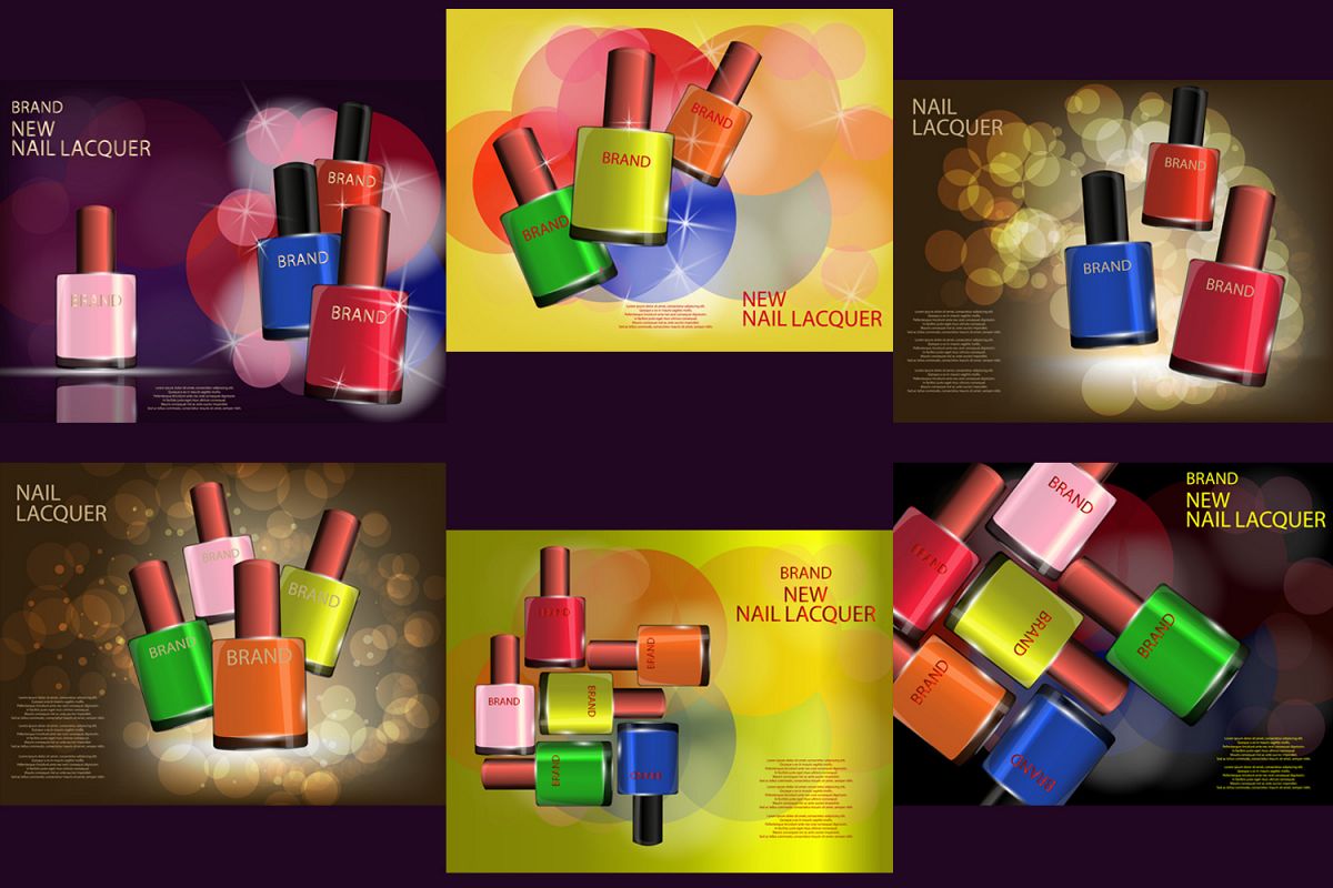 Colorful Nail Lacquer Glossy Bottles Realistic Vector Mock-up, template example image 1