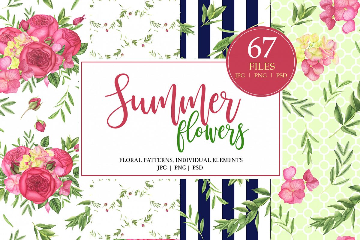 Watercolor Summer Flowers Patterns example image 1