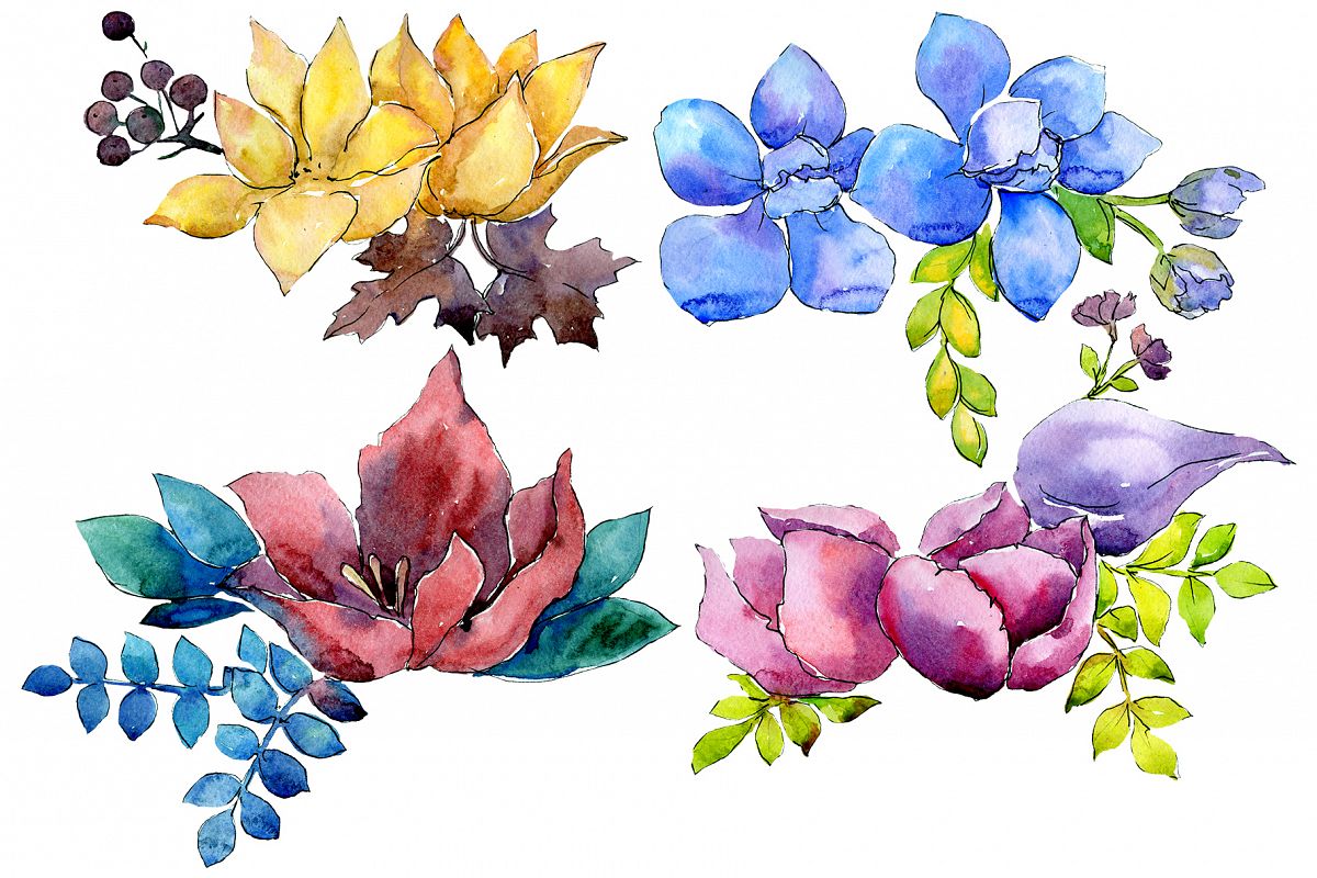 Flower composition PNG watercolor set example image 1
