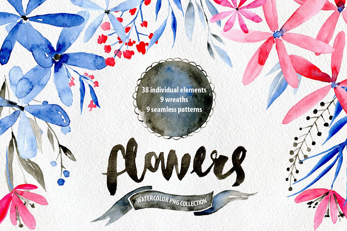 Watercolor flowers: blue, red, brown example image 1