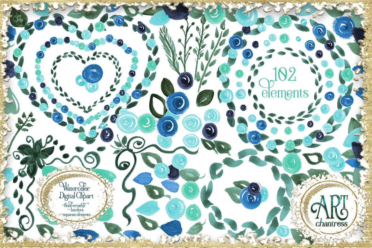 Spring floral blue teal clipart 102 - PNG digital frames example image 1