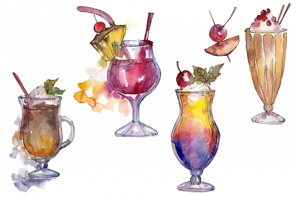 Download Watercolor exotic drink cocktail PNG set