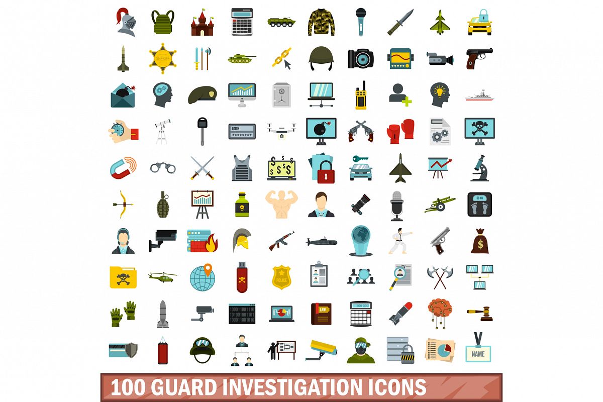 100 guard investigation icons set, flat style example image 1