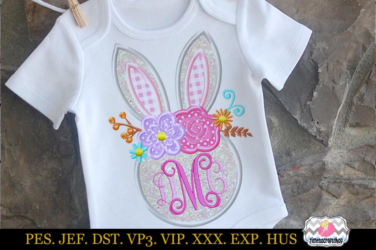 Easter bunny Head with Rose and Daisies Monogram Applique example image 1