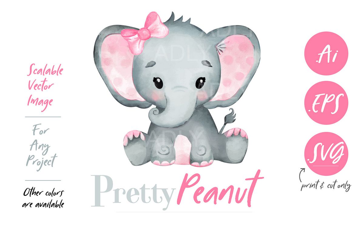 Cute Watercolor Girl Elephant in vector format scalable pink