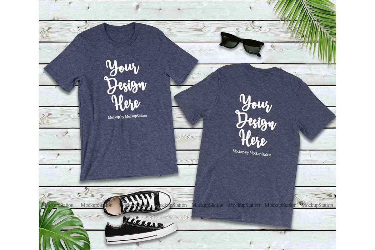 Front & Back Heather Navy Tshirt Mockup Bella Canvas 3001 example image 1