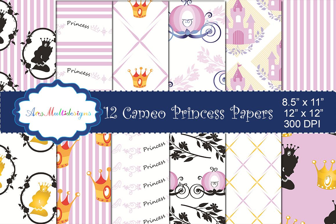princess digital paper / cameo princess pattern / cameo princess background / high quality digital set 12 x 12 example image 1