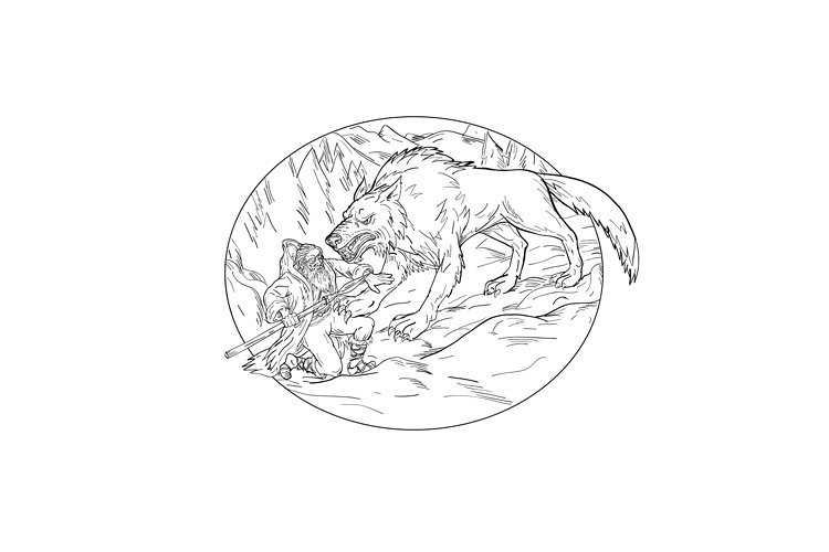 Fenrir Attacking Norse God Odin Drawing Black and White example image 1