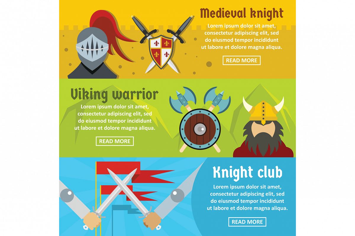 Medieval Knight Banner Horizontal Set Flat Style