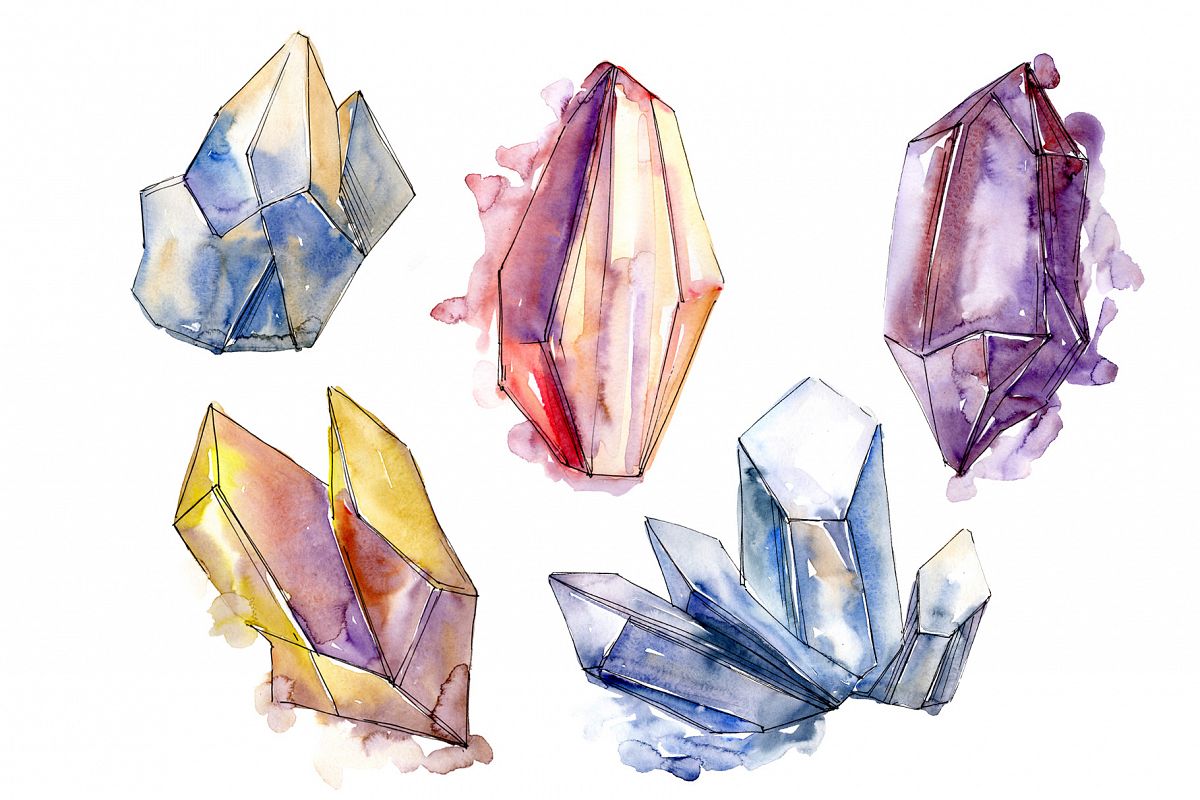 Cool crystals PNG watercolor set (105961) | Illustrations | Design Bundles