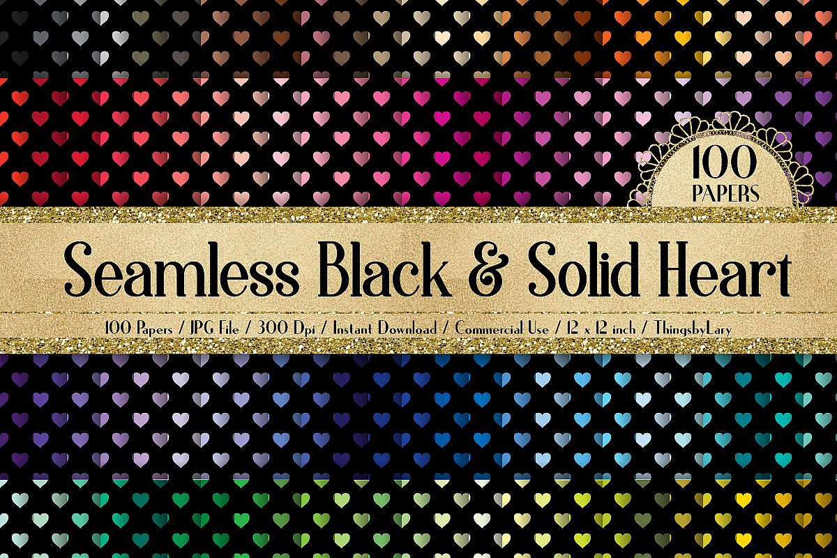 100 Seamless Black and Solid Heart Valentine Digital Papers example image 1