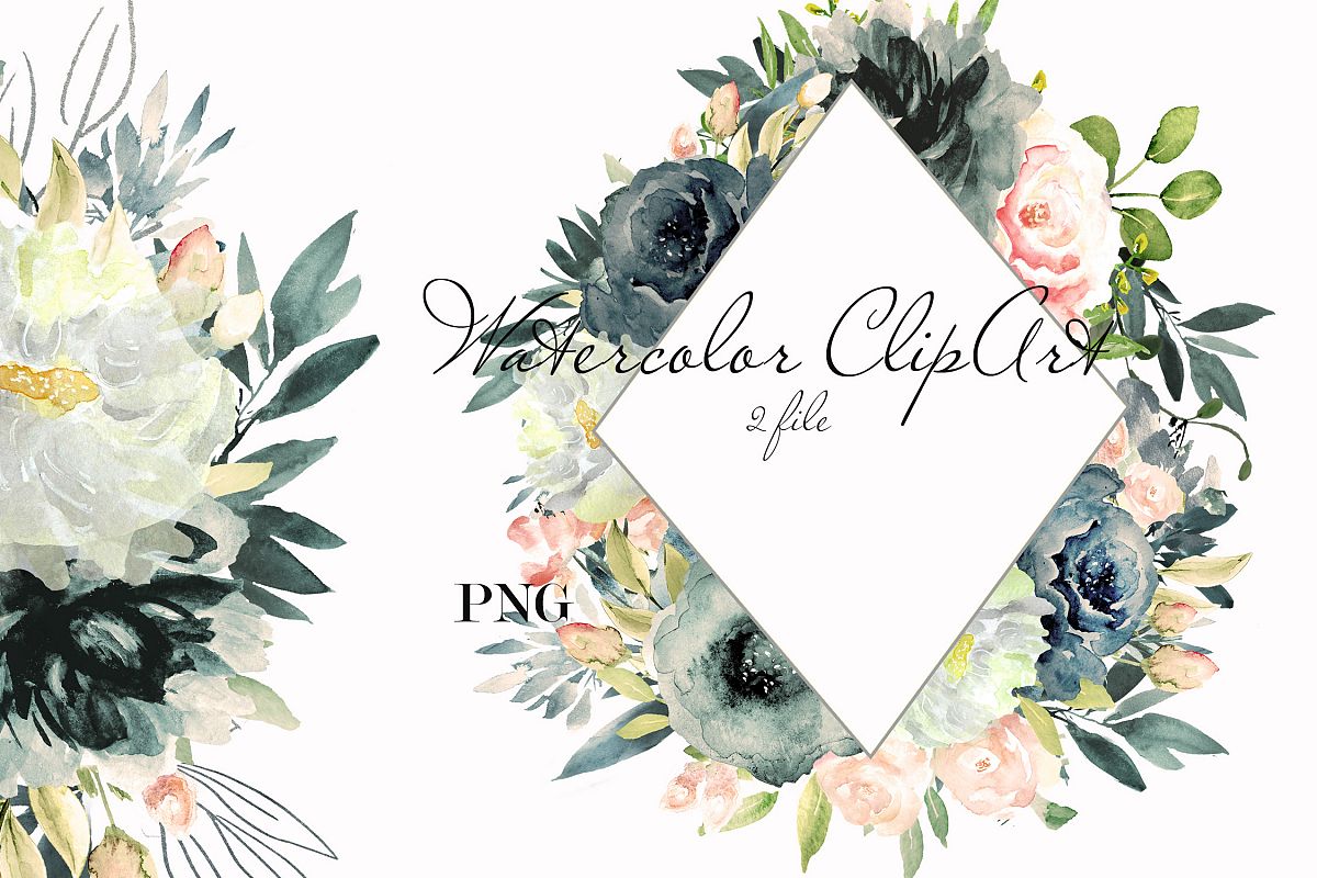 Grey watercolor floral clipart example image 1