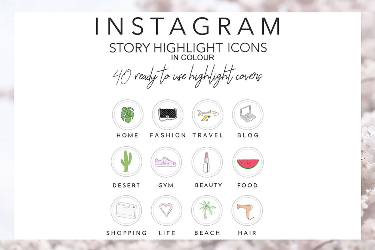 40 Instagram Story Highlights Icons in COLOUR, Hand Drawn