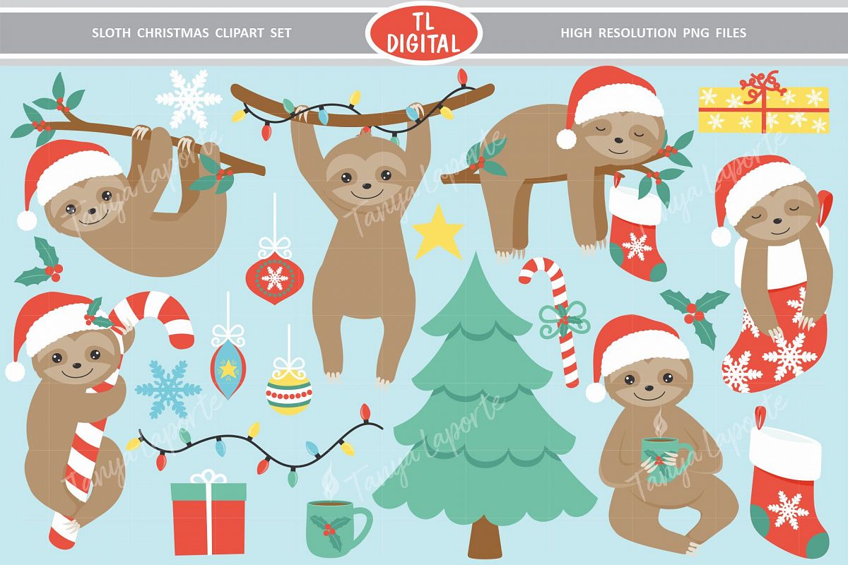 Sloth Christmas Clipart Set - 21 Christmas Graphics example image 1