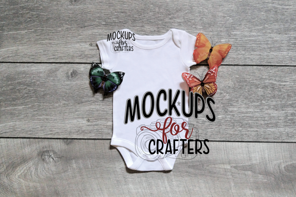 White one-piece baby outfit with butterflies MOCK-UP example image 1