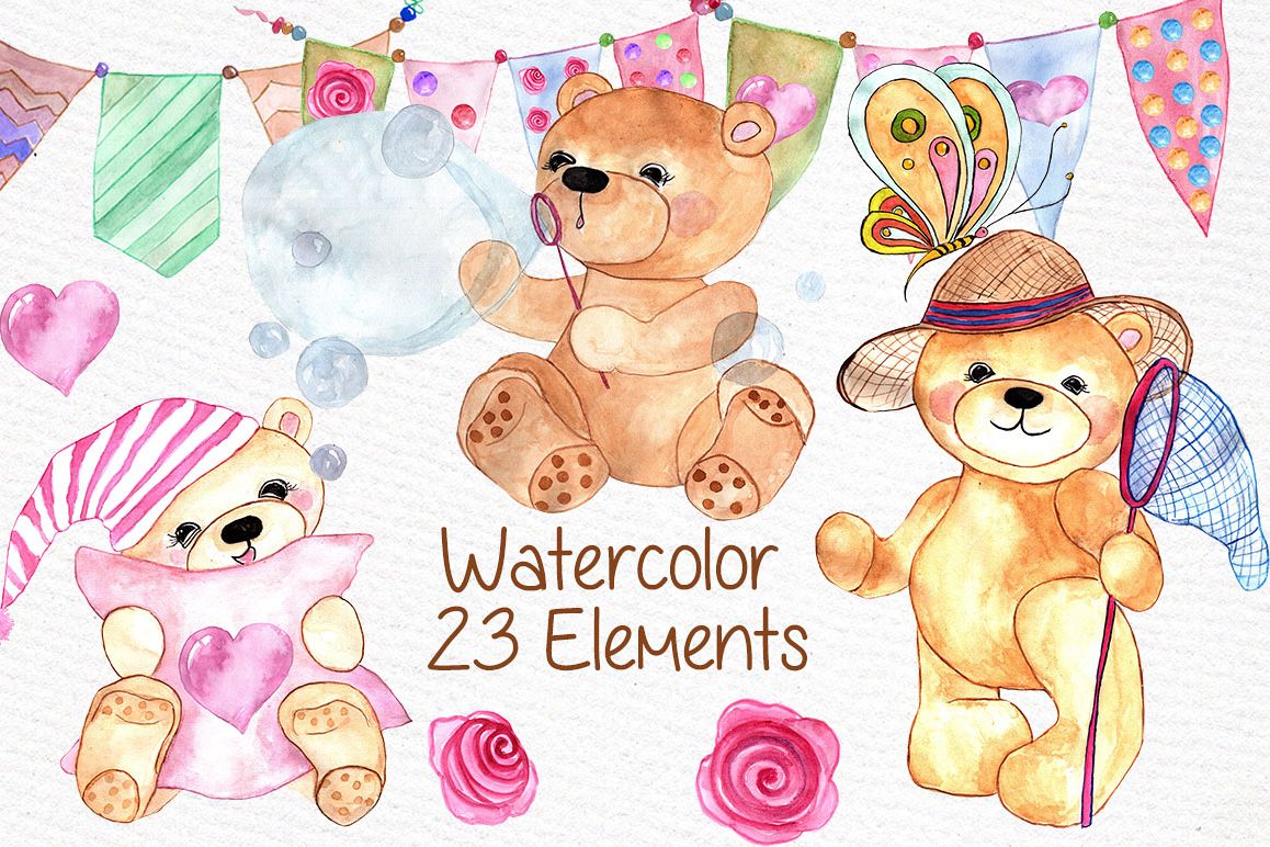 Watercolor teddy bear clipart example image 1